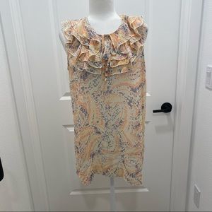 Cabi orange, blue, yellow and cream printed spring tunic with ruffle detailing